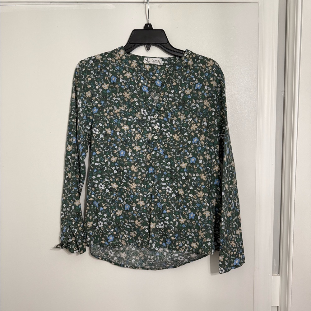 Carve Designs Floral 3/4 Button-Up Shirt - Green and Blue